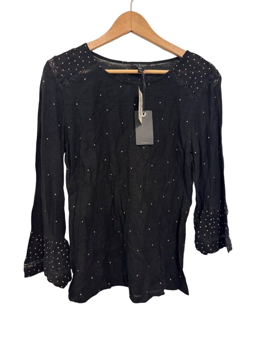 Lucky Brand Black Polka Dot Lace Trim Blouse Size M New With Tags